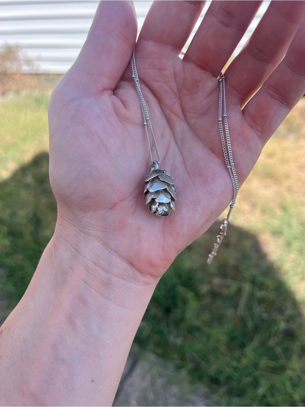Pine Cone Pendant Necklace in Silver Tone